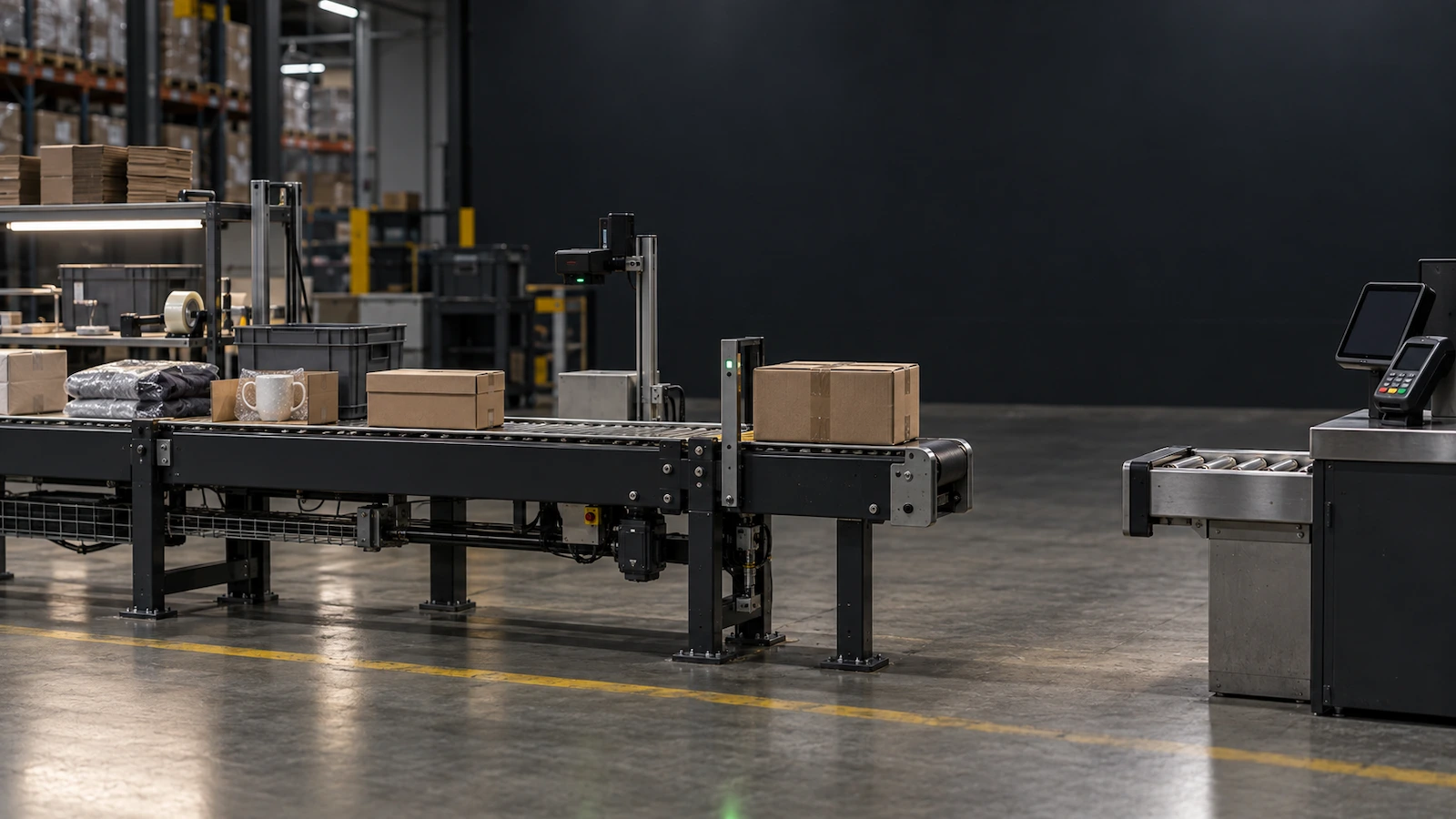 Automated commerce conveyor carrying a parcel stops before a disconnected payment terminal.
