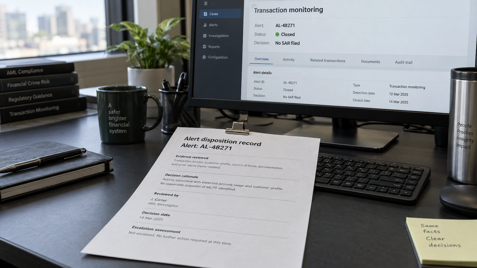 Monitor showing a closed transaction-monitoring alert beside a printed record of the review and closure decision.