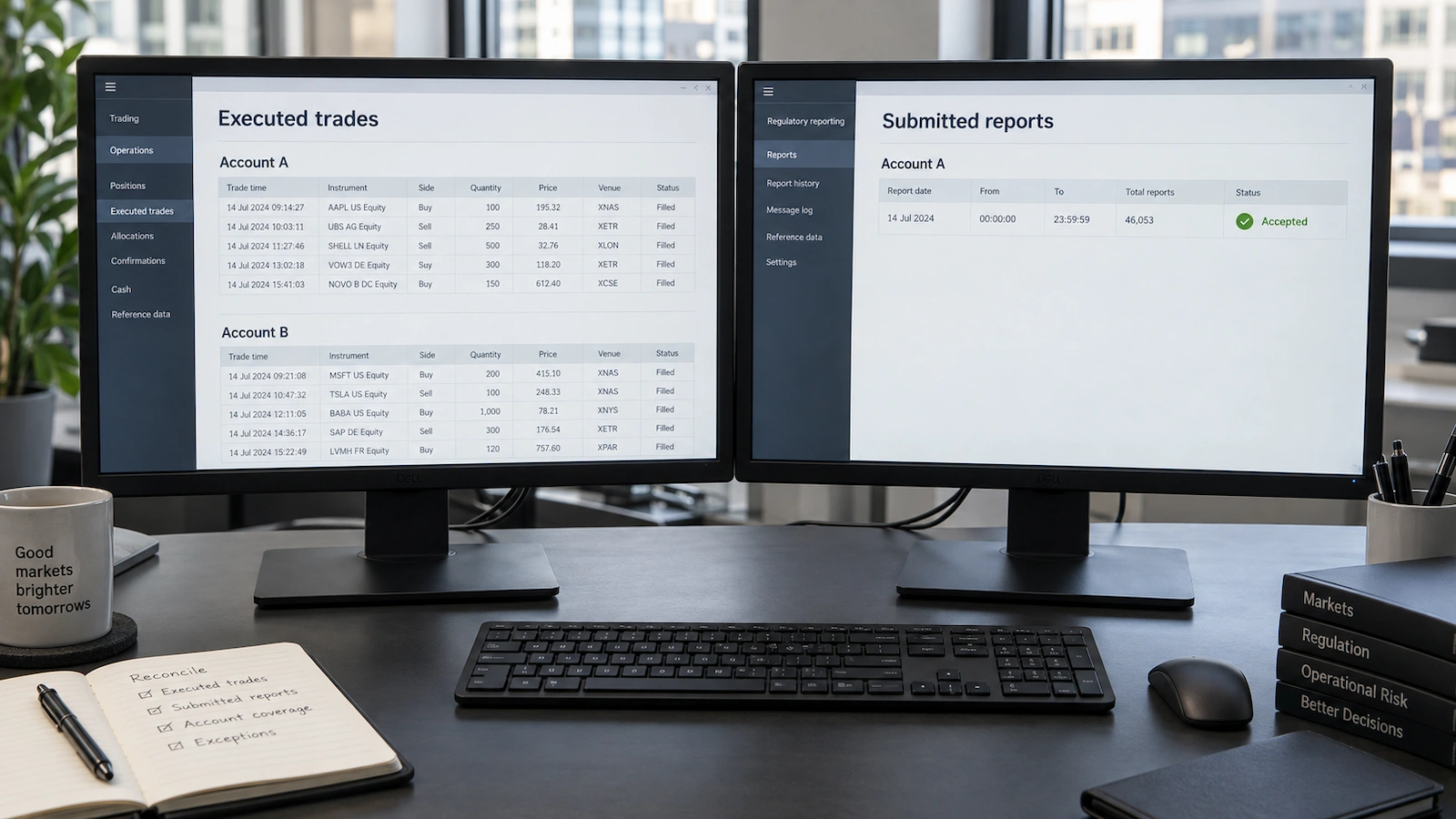 Two monitors show executed trades for Accounts A and B, with accepted reports displayed only for Account A.