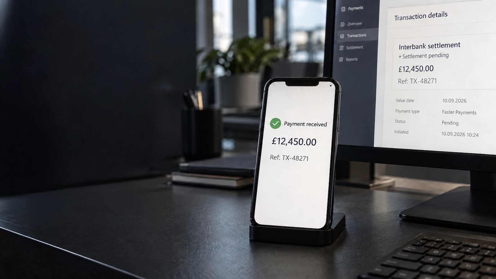 Smartphone showing “Payment received” beside a monitor showing “Settlement pending” for the same £12,450 transfer.